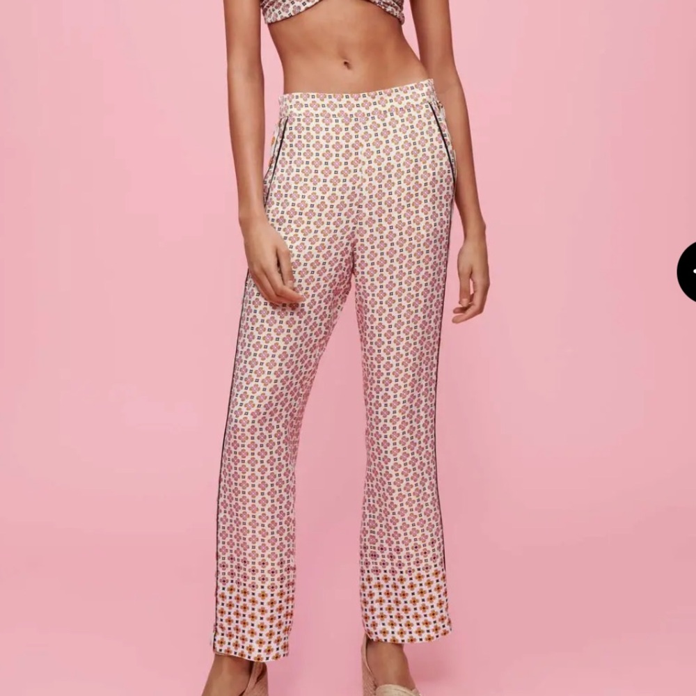 Maje Women's Silky Pants in Pink and Orange Geometric Design “Tiled Ecru”